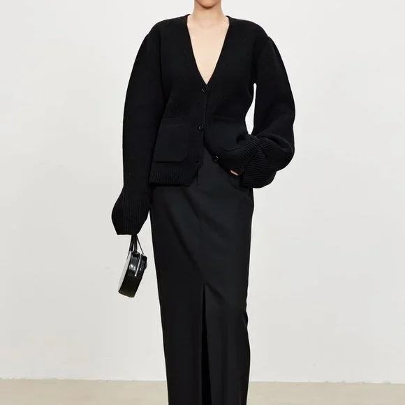 CHICJOC Scarlet Style Cashmere Cardigan Deep V-neck black size 38 - Picture 3 of 15